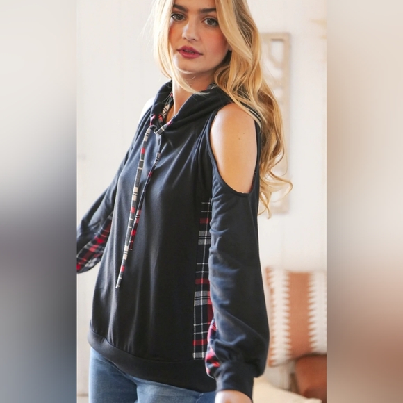 Black Plaid Long Sleeve Hooded Top - Picture 2 of 2